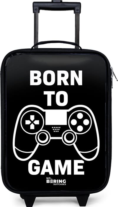 NoBoringSuitcases.com® - Kinderkoffer jongen - Kindertrolley meisje - Qoute met controller in zwart wit - Koffer kind lichtgewicht - Reiskoffer trolley voor kinderen - Koffertje met lichtgevende wieltjes - Rolkoffer zwart