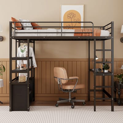 VVBV Hoogslaper met Bureau en Kast 90x200 cm - Metalen Bedframe met Stopcontact, USB en Trap - Zwart
