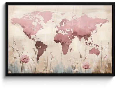 Poster in lijst - Fotolijst 90x60 cm - Posters - Wereldkaart - Roze - Bloemen - Posterlijst zwart - Decoratie - Wanddecoratie woonkamer - Muurdecoratie slaapkamer