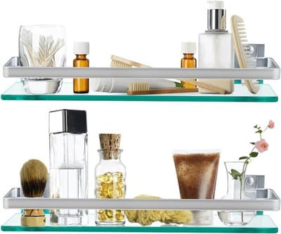 Set van 2 Wandplanken voor Badkamer en Keuken, Glazen Plank met Metalen Beugel, 38.5 x 11.5 cm, Ideaal voor Opbergruimte en Decoratie