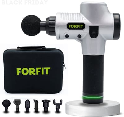 FORFIT Massage Gun - Metallic Silver – 30 Standen en 6 Opzetstukken – Draadloos en stil – Professioneel Massage apparaat- Massage Pistool