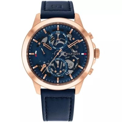 Tommy Hilfiger Henry 1710475 Horloge - Leer - Blauw - Ø 44 mm