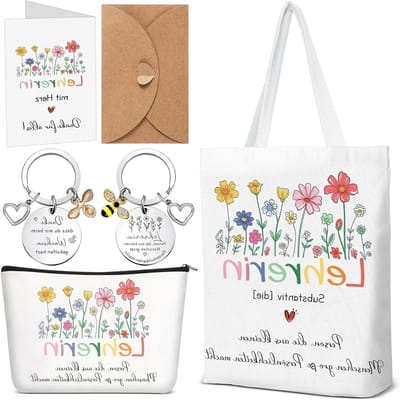 Bedankt cadeaus voor leraren, inclusief schoudertas, toilettas, sleutelhanger en wenskaart, perfect als afscheidscadeau voor docenten en op Dag van de Leraar