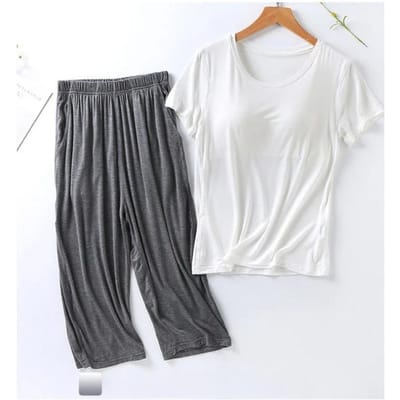 Zomer Nieuwe Dames Modal Pyjama Tweedelig Pak met Borstkussen Korte Mouw Korte Broek Plus Size Huispak 4XL white