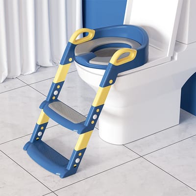 WC Verkleiner met Trapje - Toilettrainer met Handvaten en Opstapje - Toiletbril met Trapje - Opvouwbaar Toilet Bril Zitje - WC Zindelijkheids Training voor Jongens/Meisjes - Urinoirs voor Kind/Peuter van 2 tot 7 jaar - Toiletverkleiner - Blauw