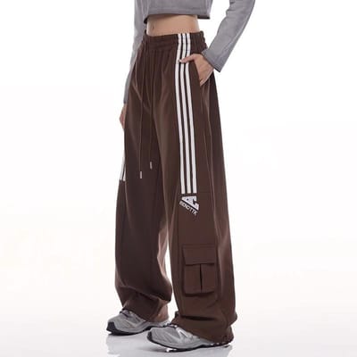 Retro Sportieve Casual Broek met Drie Strepen en Hoge Taille voor Dames voor Herfst en Winter Losse Wijde Pijpen Veelzijdig Rechte Werkbroek S black