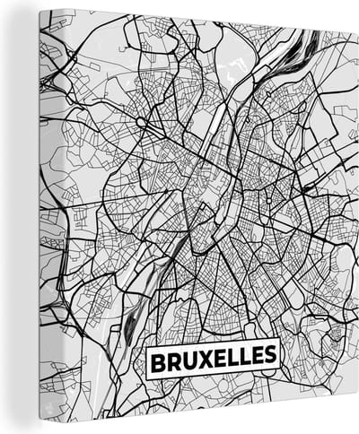 Canvas Schilderij België – Bruxelles – Stadskaart – Kaart – Zwart Wit – Plattegrond - 20x20 cm - Wanddecoratie