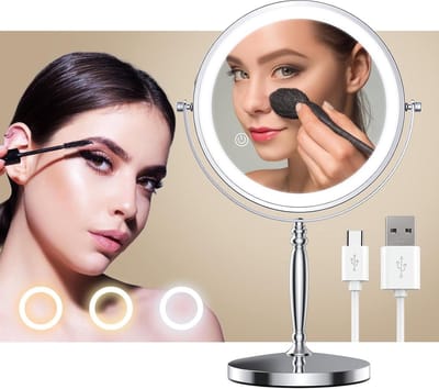 Make-upspiegel met Verlichting - Oplaadbaar - Dubbelzijdig - 8 Inch - Touch Sensor - Dimbaar - 3 Kleurenverlichting - Zilver