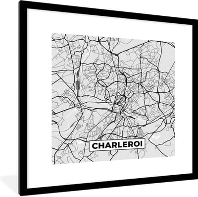 Fotolijst incl. Poster Zwart Wit- Stadskaart – Plattegrond – België – Zwart Wit – Charleroi – Kaart - 40x40 cm - Posterlijst