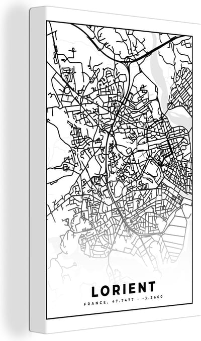 Canvas Schilderij Plattegrond - Lorient - Kaart - Frankrijk - Stadskaart - Zwart wit - 20x30 cm - Wanddecoratie