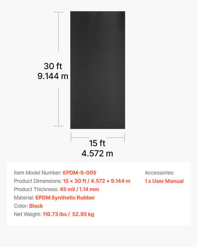 EPDM Dakfolie - Rubber Dakbedekking - 4,572 x 9,144 m - Dikte 1,14 mm - Waterdicht - UV- en Weerbestendig - Voor Daken/Carports/Campers/Vijvers - Zwart