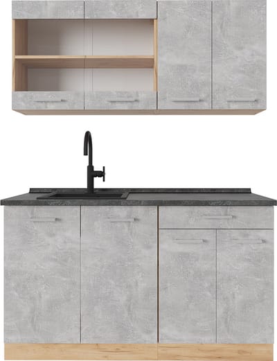 Vicco R-Line Eenpersoonskeuken – 140 cm, WB Antraciet Beton/gouden eik