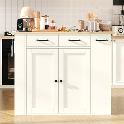 Keukeneiland - 120x60x90 cm - Uitschuifbare Tafel - met Stopcontacten & Stoelen - Hout - Wit