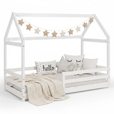 Homestyle4u Kinderbed 80x160 cm - Huisbed - Vloerbed - Wit