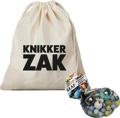 Canvas knikkerzak - knikker opbergzakje met koord - en 79 knikkers en bonken - knikkeren