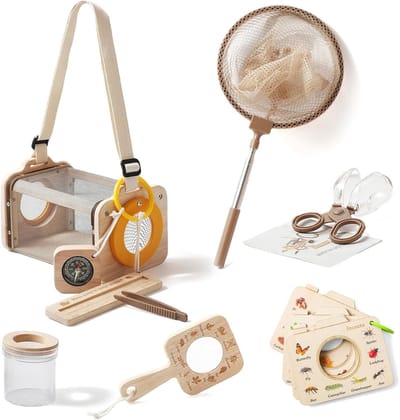 Houten insectenvangset voor kinderen van 3-8 jaar, 10-delige duurzame outdoor ontdekkingsset met vergrootglas, vlindernet en STEM-handleiding, vang- en laat los avonturenset voor in de achtertuin en op de camping.