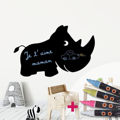 Schoolbordsticker - uitwisbare zelfklevende muurstickers - Neushoorn + 4 vloeibare krijtjes - 115x180cm