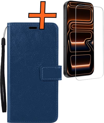 Hoes - Met Screenprotector - Geschikt voor Apple iPhone 17 Pro - Luxe Pasjeshouder - Bookcase Portemonee - Flip Case - Kunstleer Book Case - Flipcase - Book Cover - Walletcase - PortemonneeHoes - Donkerblauw