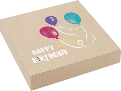 RIETHMULLER - 20 papieren servetten Happy Birthday kraft en blauw 33 x 33 cm met kleurrijke ballonnen