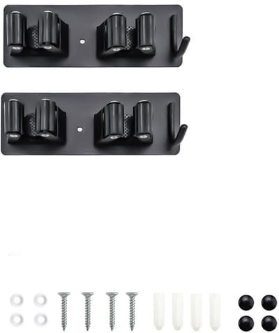 Famanu – Bezemhouder set van 2 – RVS wandhouder met 4 houders en 2 haken, compact en stabiel – Voor keuken, badkamer en garage