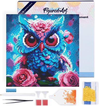 Figured'Art Mini Diamond Painting set Volwassenen 25x25 cm met lijst Kleine Blauwe Uil - 5D DIY Art full drill ronde diamant - Canvas al ingelijst