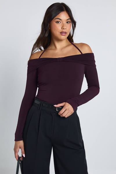 boohoo Dames Slinky Strik Bardot Detail Top | Pruim | Maat: 36
