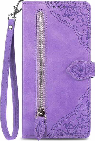 Telefoonhoesje geschikt voor de Samsung Galaxy A16 - Portemonnee met rits - book-case hoesje - ruimte voor 7 pasjes - mandala bloemen paars