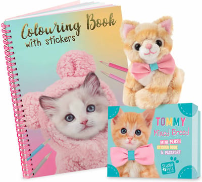 Studio Pets® Cadeauset – Mini Europese Korthaar Kat Knuffel Tommy (8 cm) + Koffer, Paspoort & Kleurboek