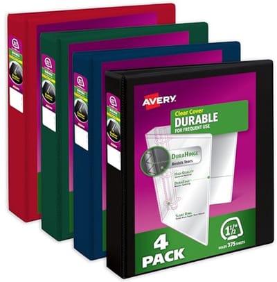Duurzame 3-ring mappen met aanpasbare hoezen en diepe kleuren, 4-pack