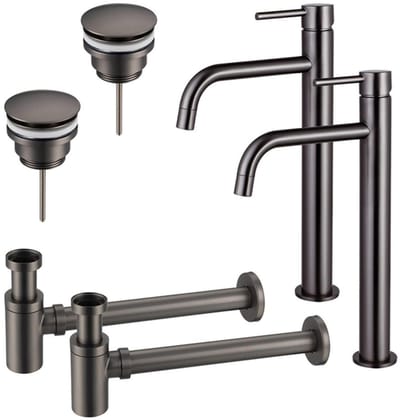 FugaFlow Eccelente Sobrado Badkamer Slim Wastafelkraanset - voor dubbele wastafel - verhoogde wastafelkraan - klikwaste plug - verlaagde design sifon - PVD Gepolijst Gunmetal