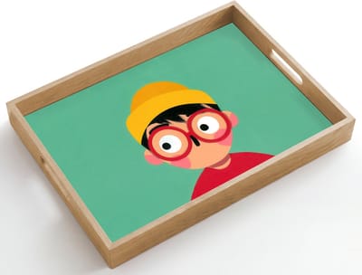 Dienblad hout 50x35 cm - Schootdienblad - Jongen - Cartoon - Bril - Muts - Borrelplank rechthoek - Plateau dienbladen