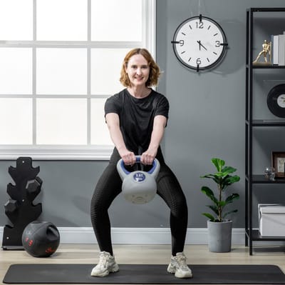 MEUNIQ Kettlebell 12 kg voor krachttraining en fitness, met kunststof coating, brede handgreep en vlakke onderzijde voor home workout, blauw
