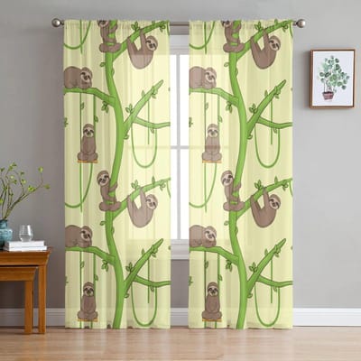 Slanke Lori Luiaard Dieren Kawaii Tule Gordijnen Moderne Woonkamer Keuken Chiffon Gordijn Slaapkamer Doorzichtig Valgordijn 135W x 114H(cm) beige