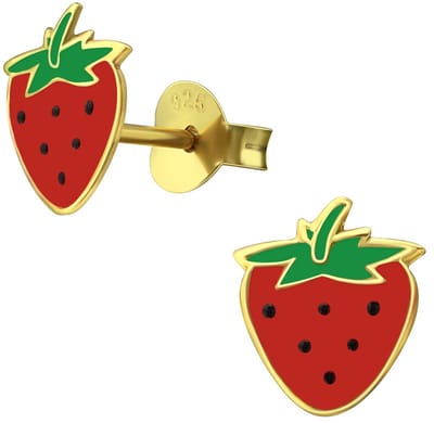 Joy|S - Zilveren aardbei oorbellen - 7 x 8 mm - rood - gold plated