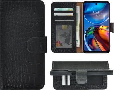 Geschikt voor Motorola Moto E32/ E32s Hoesje - Bookcase - Moto E32/ E32s Hoesje Book Case Wallet Echt Leer Croco Zwart Cover
