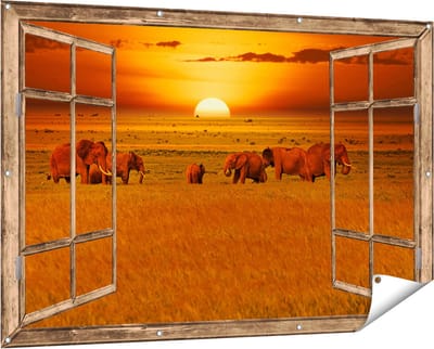 Gards Tuinposter Doorkijk Olifanten in het Wild - Zonsondergang - 150x100 cm - Tuindoek - Tuindecoratie - Wanddecoratie buiten - Tuinschilderij