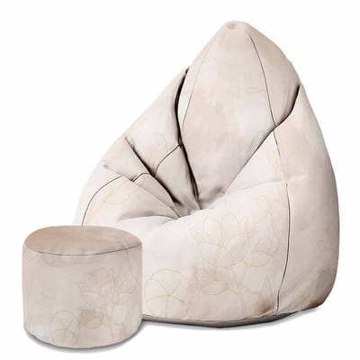 DreamRoots Velvet Zitzak voor Volwassenen – Luxe Beanbag met Voetsteun en Afneembare Hoes – Inclusief Vulling – 80x80x120 cm - Boho Beige Flowers