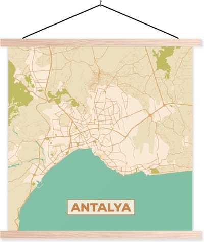 Posterhanger incl. Poster 40x40 cm - Schoolplaat - Kaart - Antalya - Stadskaart - Plattegrond - Vintage - Textielposter - Blanke latten - Stadskaart