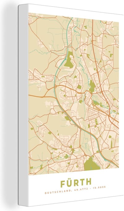 Canvas Schilderij Plattegrond - Fürth - Vintage - Stadskaart - Kaart - 20x30 cm - Wanddecoratie