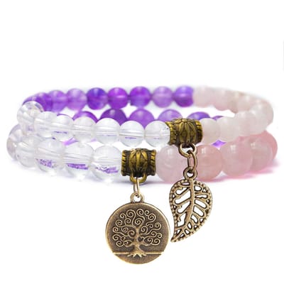 Bixorp Gems Gouden Driehoek Armband met Levensboom & Veertje - Amethist + Rozenkwarts + Bergkristal - Edelsteen Kralenarmband met Hanger - Chakra