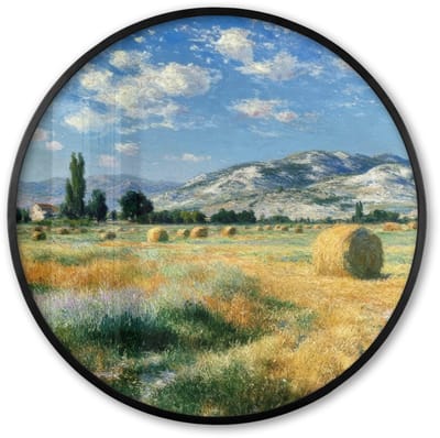 Poster in lijst Rond - Fotolijst 60x60 cm - Posters - Landschap - Strobalen - Bergen - Wolken - Ronde posterlijst zwart - Decoratie - Wanddecoratie woonkamer - Muurdecoratie slaapkamer