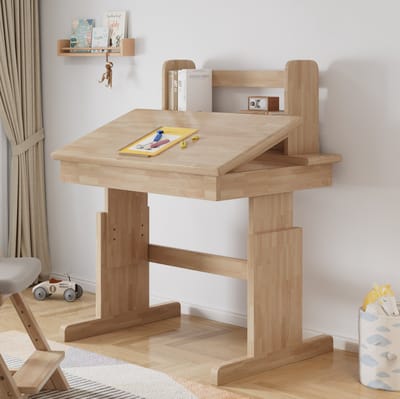 FloraGrace Kinderbureau - Hoogteverstelbaar Massief Houten Bureau Met Kantelbaar Tafelblad En Boeksteun - Voor Leren En Tekenen - Naturel - 80x80x104 Cm