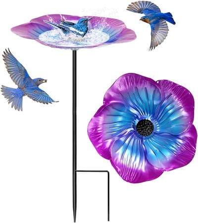 Waterstation voor Bijen - Vogelbad & Vlinderkom met Bloemontwerp - Weerbestendige Metal Stok voor Buiten - Tuindecoratie - Paars - 1 Stuk