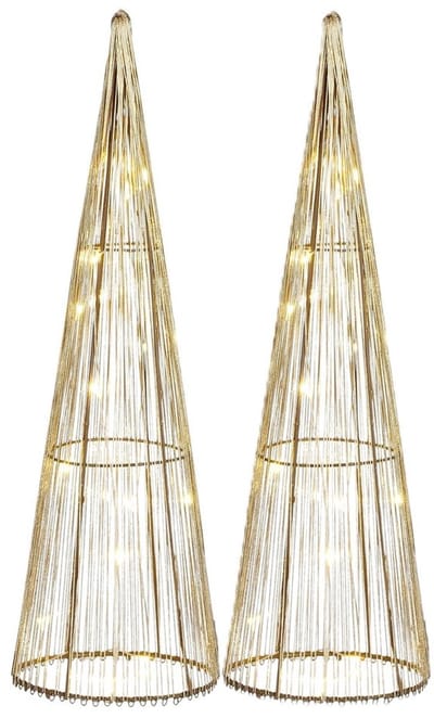 Mica Decorations LED kegel - 2x - kerstboom lamp - goud - polyester/metaal - H40 cm - kerstverlichting