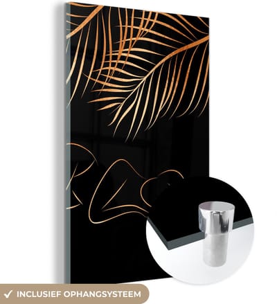MuchoWow® Glasschilderij 40x60 cm - Schilderij acrylglas - Vrouw - Bladeren - Line art - Gold - Foto op glas - Schilderijen