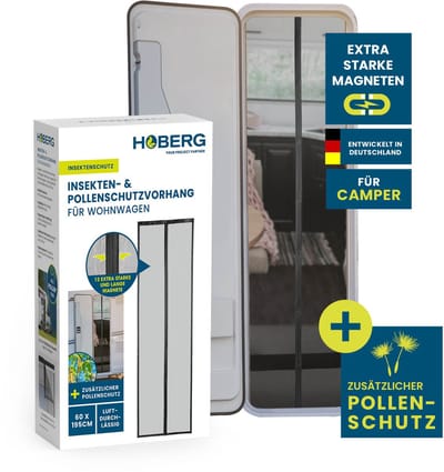 HOBERG Insecten- en pollenwerend gordijn voor caravans | Hordeur met XXL-magneetbanden | Insectenwering voor campers | Pollenwerend gordijn 60 x 195 cm, zelfsluitend