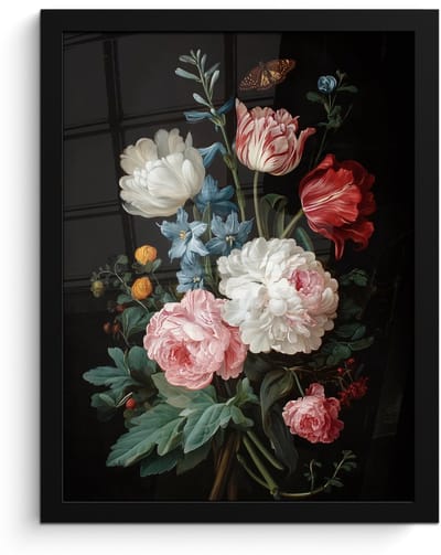 Poster in lijst - Fotolijst 30x40 cm - Posters - Boeket - Kleurrijk - Klassiek - Posterlijst zwart - Decoratie - Wanddecoratie woonkamer - Muurdecoratie slaapkamer
