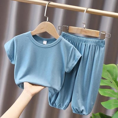 Couleur Unie Manches Courtes Vêtements d'Intérieur d'Été Bébé Enfants Ensemble Deux Pièces Simple à Manches Courtes 140 bleu