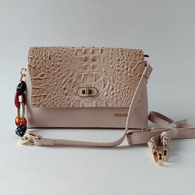 crossover dames tas - krokodil look - PU leer - apart hengsel - creme/heel licht rose - Bulaggi