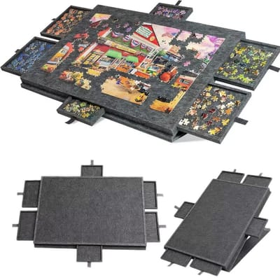JOYNEXTBUY - 2-in-1 Kantelbaar Puzzelbord voor 1000 Stukjes - Puzzeltafel met 6 Sorteerlades - Draagbaar Vilten Puzzelbureau Hout